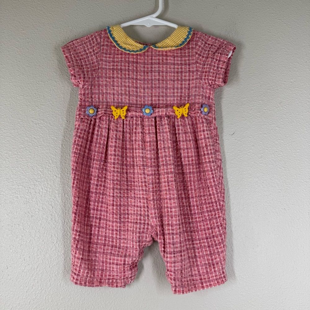 Vintage Sweet Potatoes Seersucker Plaid Romper Flower Butterfly Buttons 6 Months